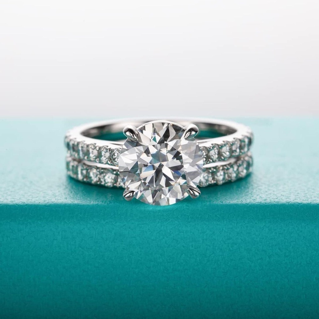 Round Brilliant Cut  White Cubic Zirconia 925 Sterling Silver Solitaire With Accents Wedding Ring Set For Women