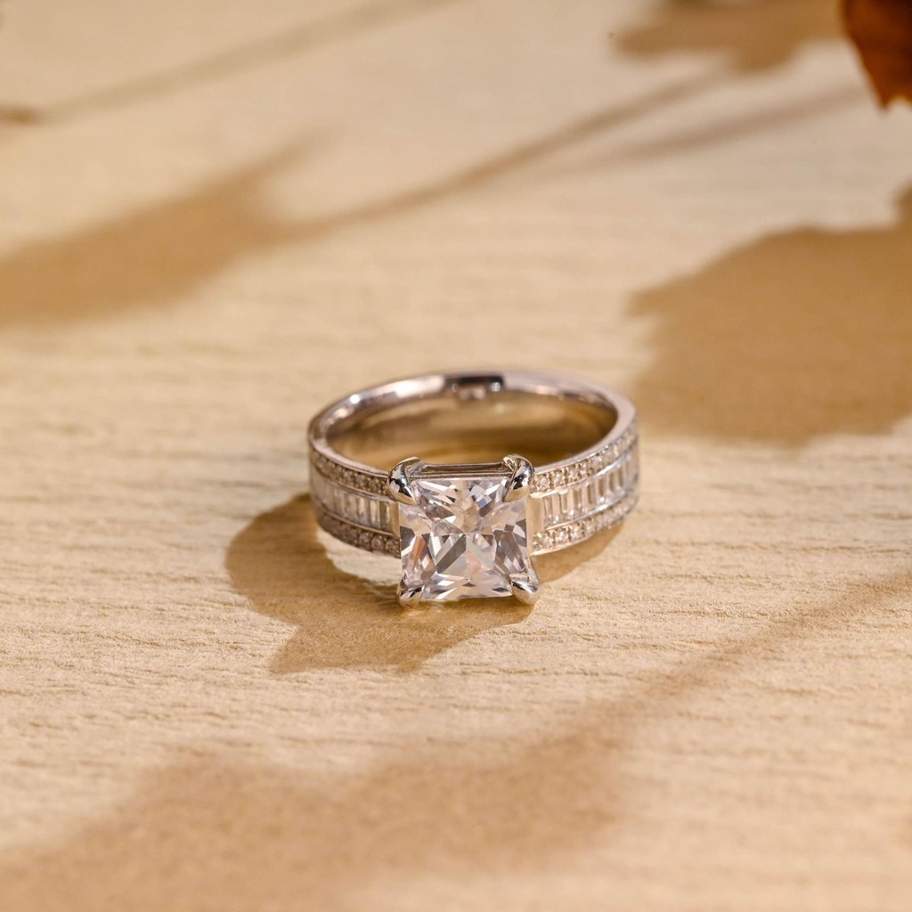 Solid Gold Assher Cut Moissanite Engagement Ring, Half Pave Wedding Ring, Valentine's Day/ Anniversary/ Birthday Gift for Woman