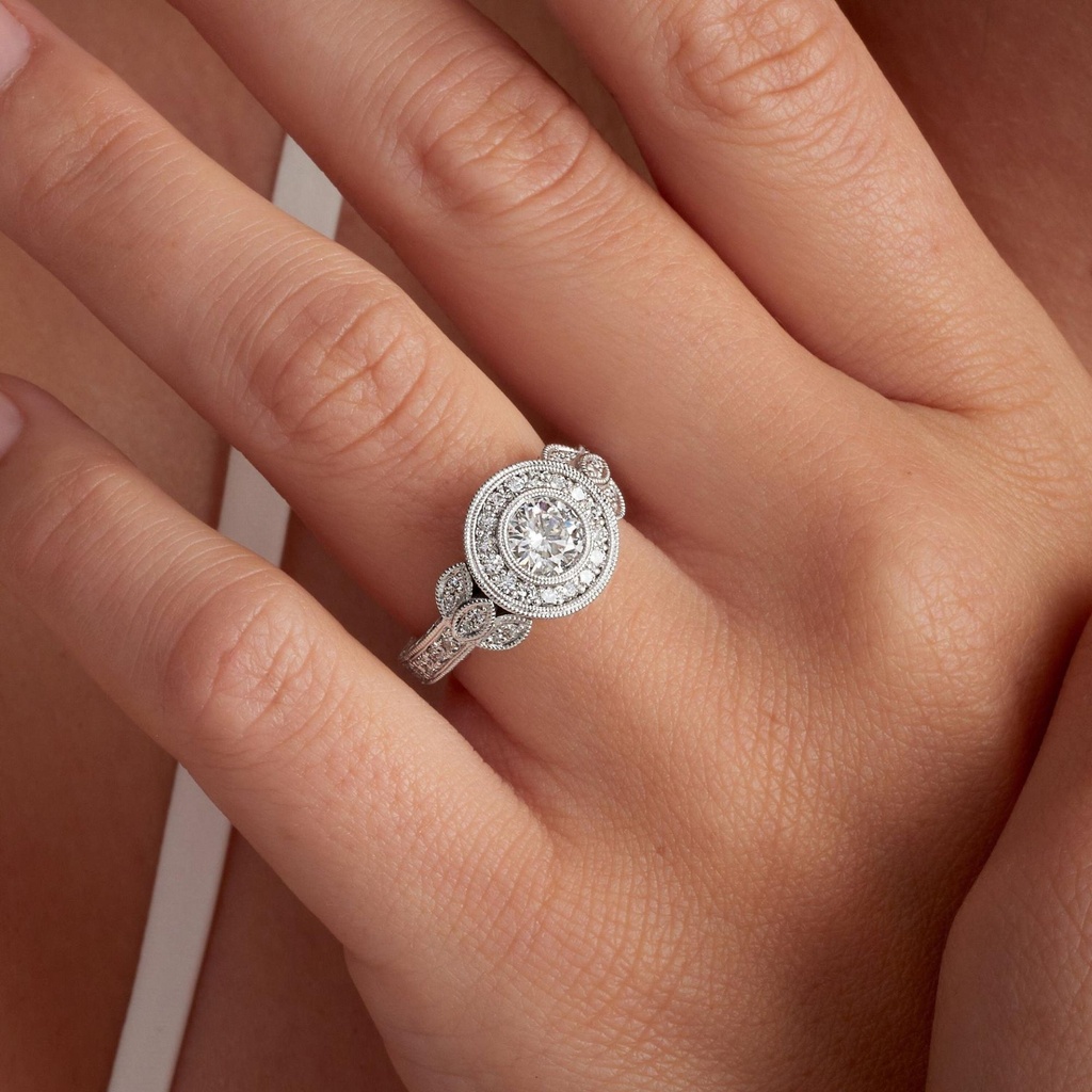  Edwardian Halo Round Lab Grown Engagement Ring, 14K White Gold, with Milgrain and Filigree