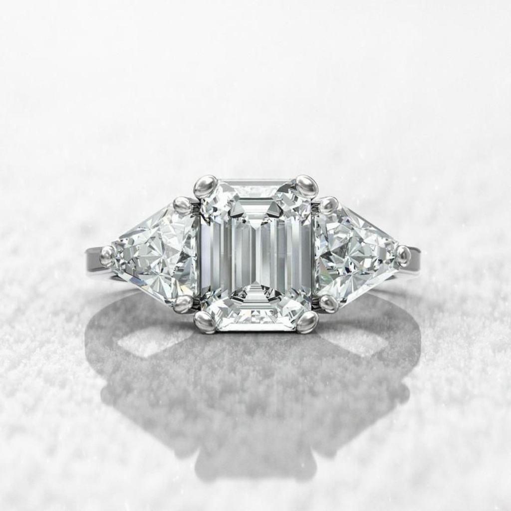 Emerald Diamond Three Stone Engagement Ring for Women