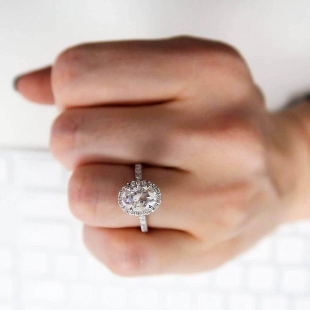  Oval Cut  Anniversary Ring, 18K White Gold Halo Engagement Ring, Gift For Her