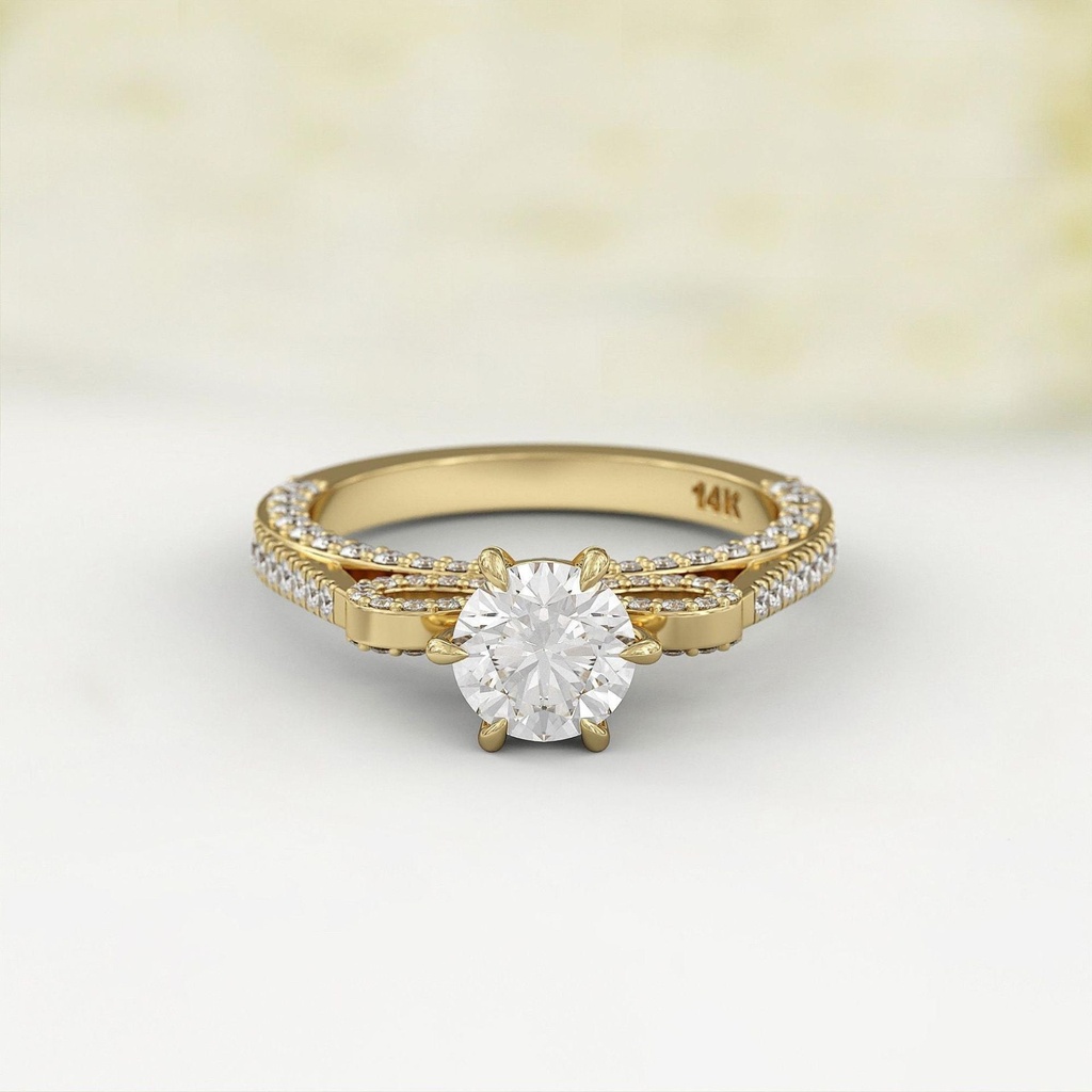  Round Diamond with 6-Prong Setting, Unique Bow Design, Diamond-Encrusted Band, Special Custom Ring