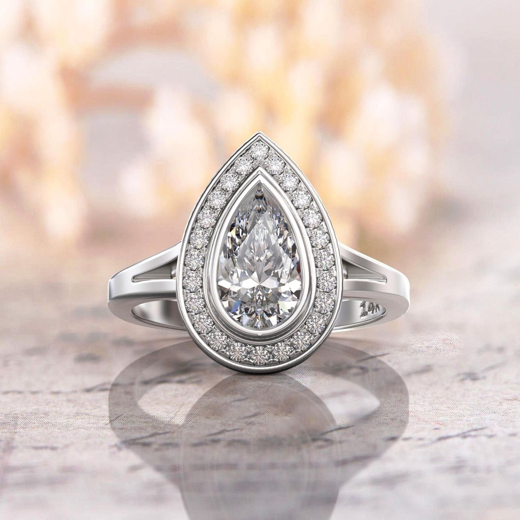  Pear Lab Grown Diamond, art deco style Engagement Ring &amp; Halo diamond ring