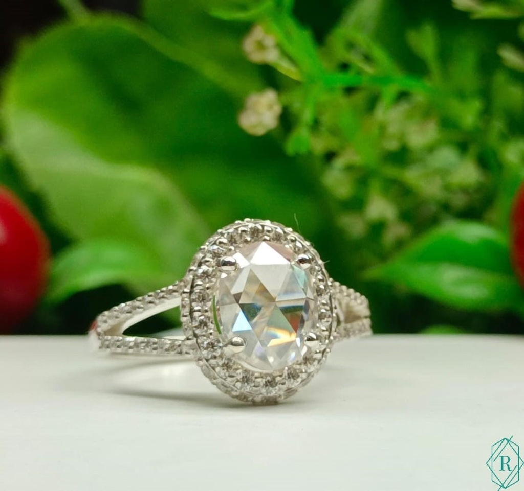 Halo  Ring, Oval Rose Cut  Halo  Oval Rose Cut Halo  Split Shank  Diamond Wedding Gold Ring, Women's Ring