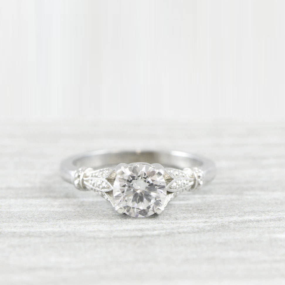 White Sapphire Engagement Ring Art Nouveau 1900's Inspired Band Ring in Yellow/Rose/White Gold or Platinum for Her