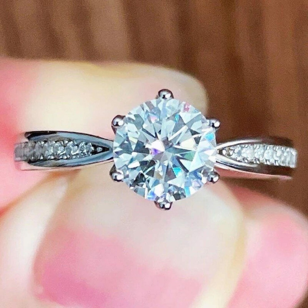 Round Cut  Diamond Solitaire With Accents Engagement Ring, 6 Prong Setting Wedding Ring, Customized Order, Fine Jewelry