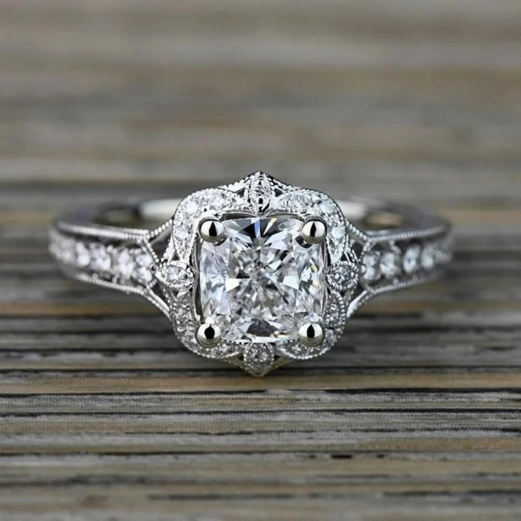 Old Vintage Antique Engagement Ring, Cushion Cut Moissanite Vintage Style Art Deco Wedding Ring, 10K White Gold Ring For Engagement