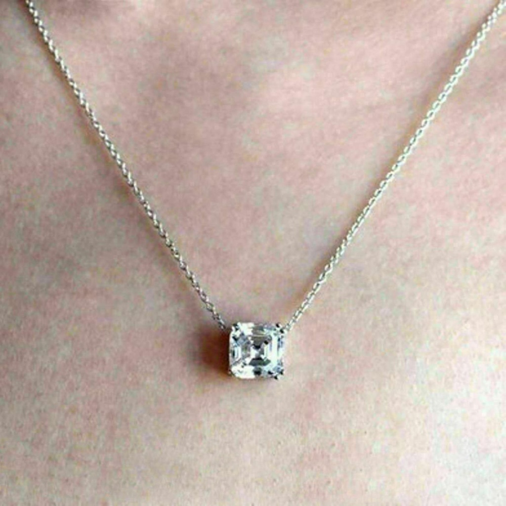 Asscher Cut Solitaire Diamond Necklace -Bridal Wedding Pendant Necklace -Minimalist 14K White Gold Plated Necklace  Pendant Her