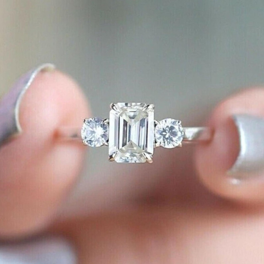 Emerald & Round Cut Three Stone Moissanite Engagement Ring, Solitaire With Accents Ring, 925 Sterling Silver Ring, Gift for Women