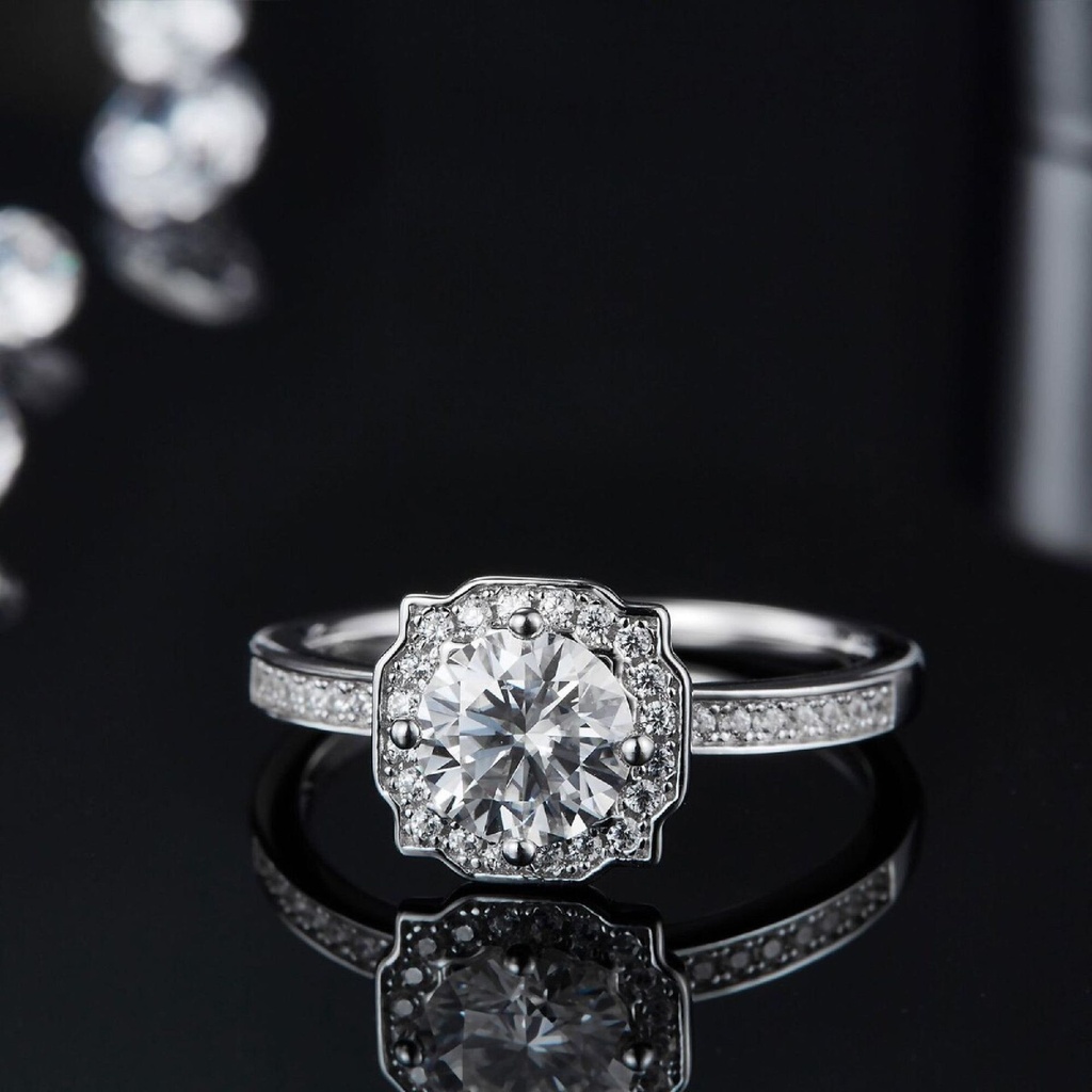Halo Round Cut White Cubic Zirconia In 925 Sterling Silver Ring For Engagement