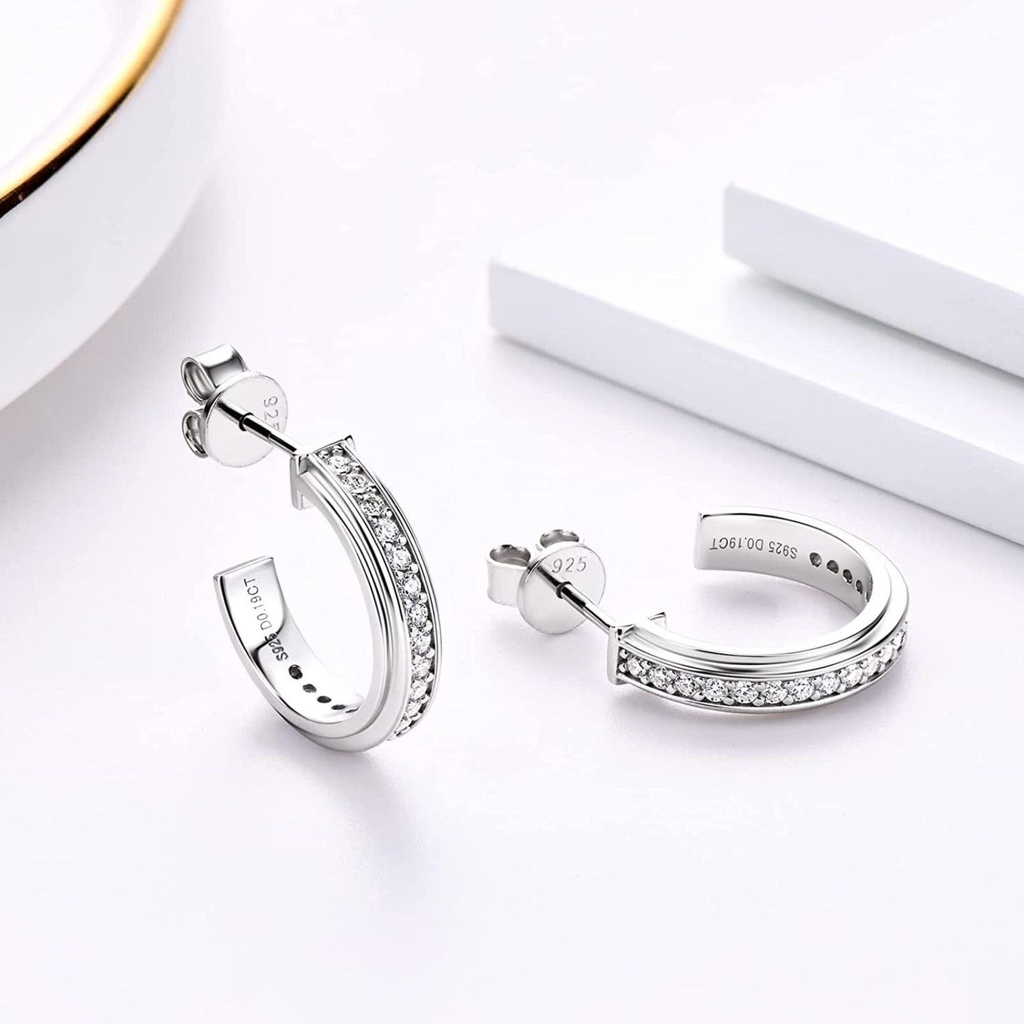  Round Brilliant Cut White Cubic Zirconia 925 Sterling Silver Huggie Hoop Earrings For Women