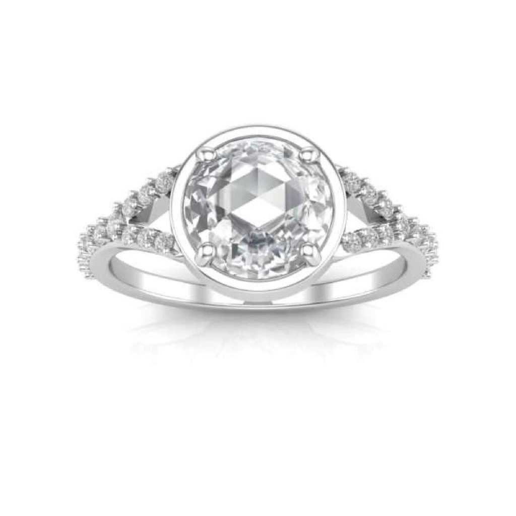 Solitaire With Accents Round Rose Cut White Moissanite In 925 Sterling Silver Ring For Women's Engagement