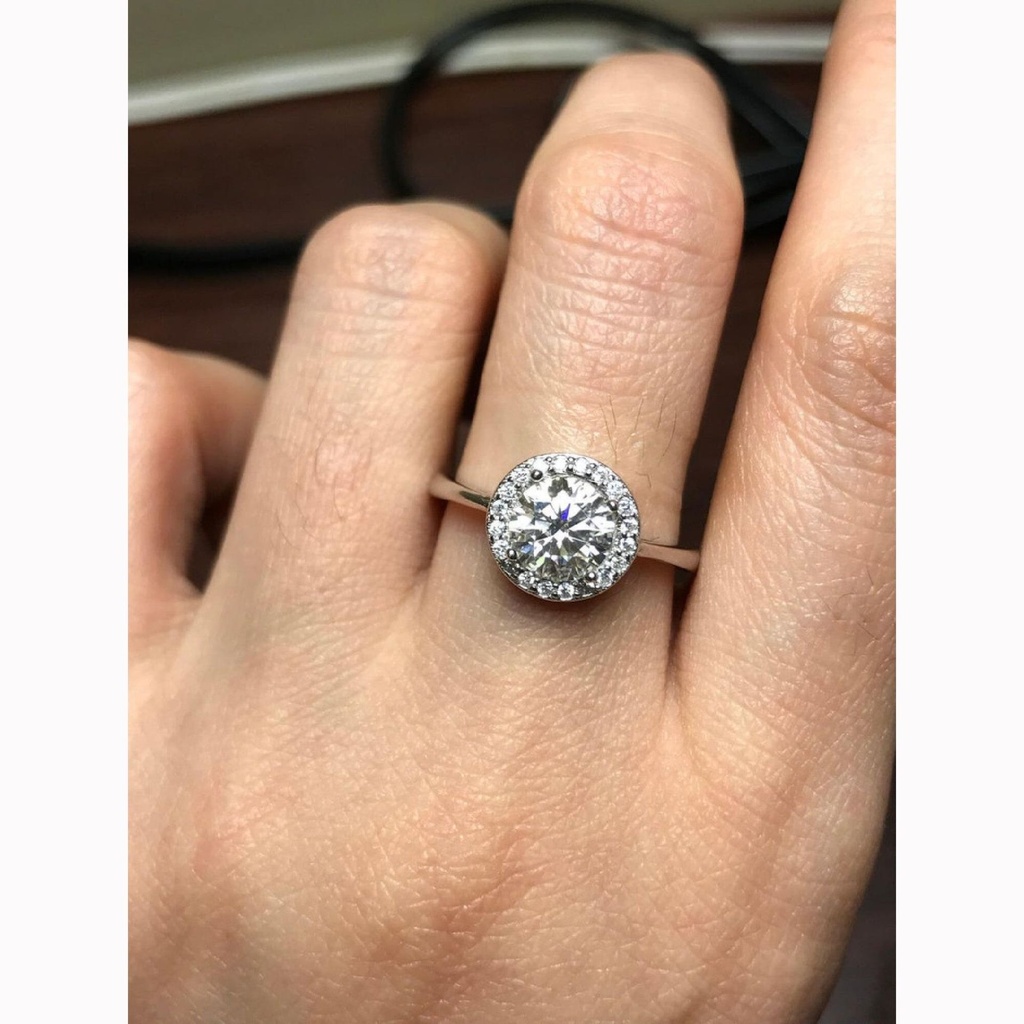 Halo  White Round Cut Cubic Zirconia In 925 Sterling Silver Ring For Engagement