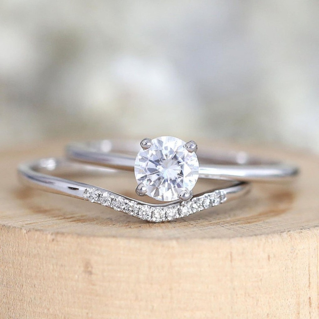 Bridal Set White Round Cut Cubic Zirconia In 925 Sterling Silver Ring For Engagement