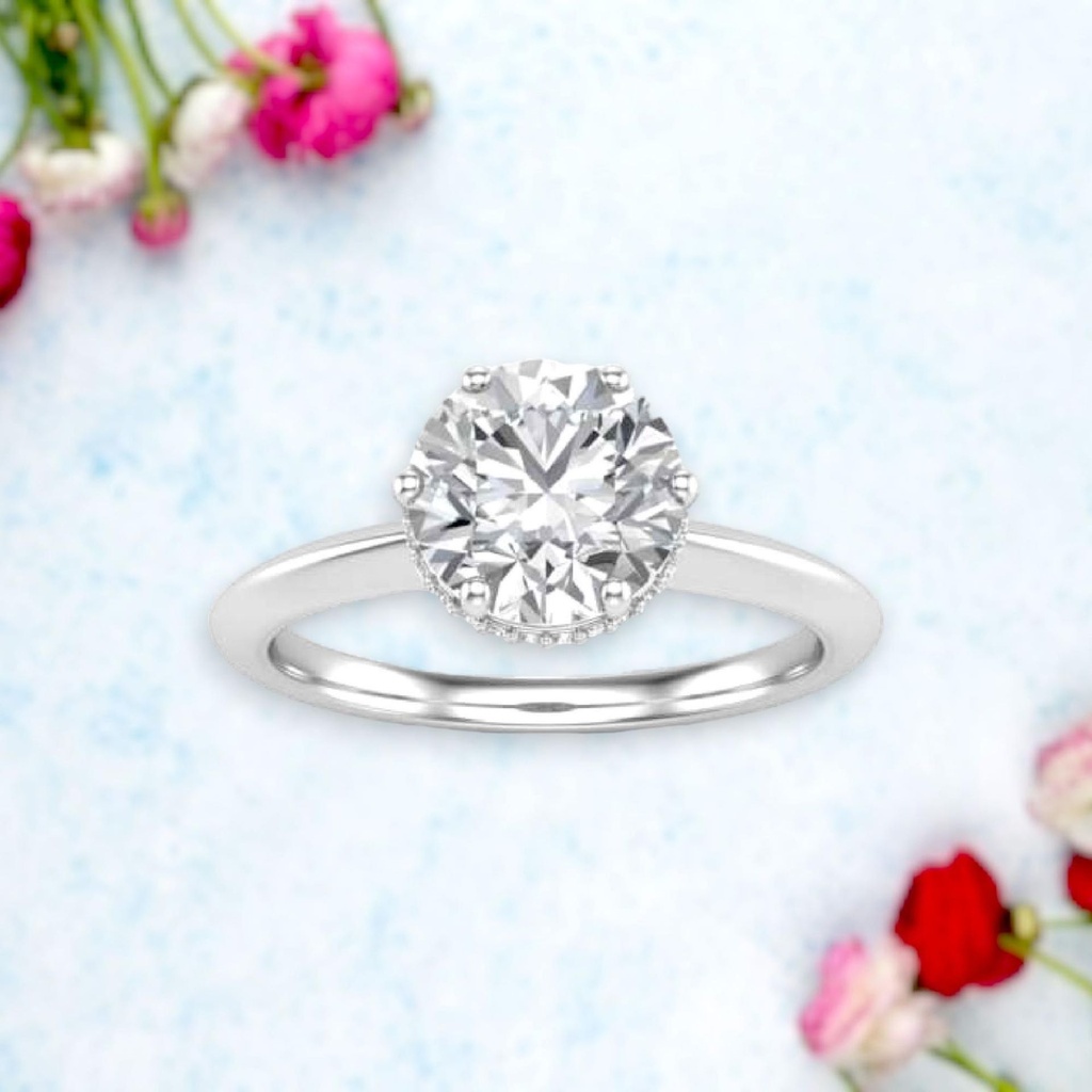 Hidden Halo Round Shape White Moissanite In 925 Sterling Silver Ring For Women's Engagement