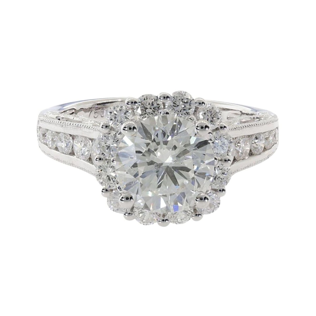 Round Cut Diamond in Diamond Halo with Diamond Side Stone Shank | Unique Filigree Design 