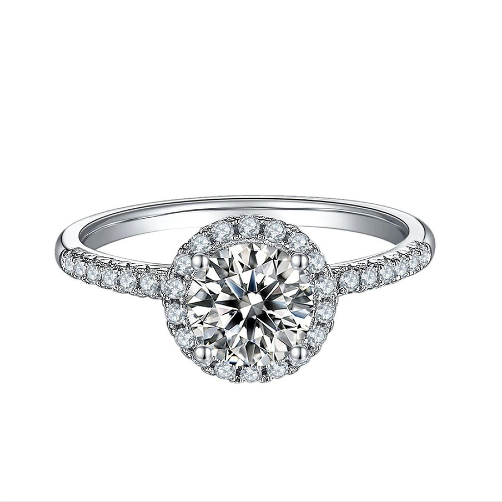 Halo Round Cut Cubic Zirconia In 925 Sterling Silver Ring For Engagement