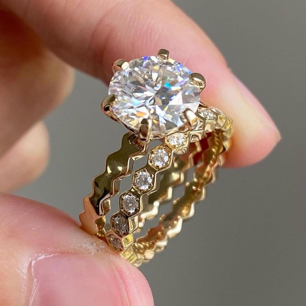 Bridal Set Round Brilliant Cut Moissanite Engagement Ring, Round Cut Ring, Hidden Halo Ring, Brilliant Cut Ring