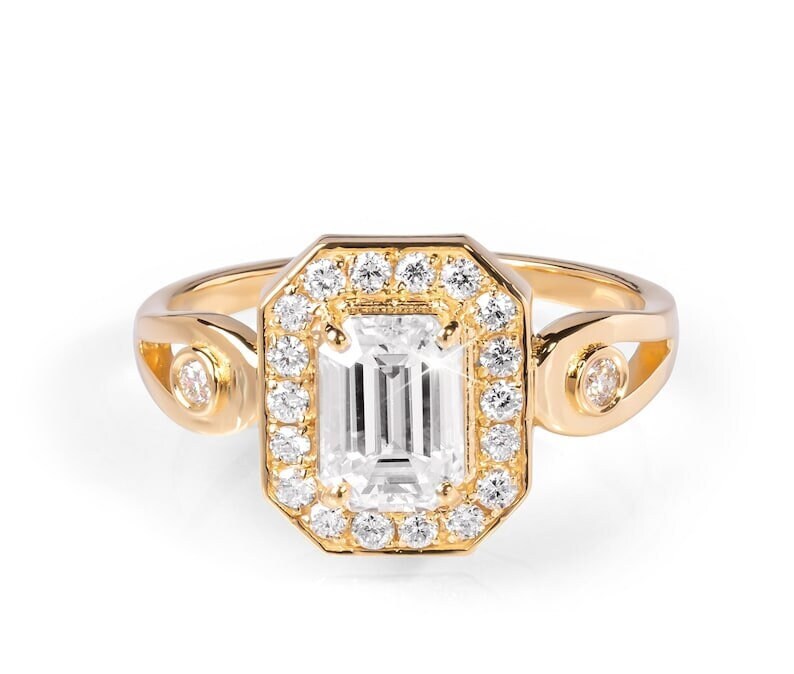 Emerald Cut Lab Grown Diamond Engagement Ring/Diamond Halo Wedding Ring/Solid 14k Yellow Gold/Antique Art Deco Ring/Christmas Gift