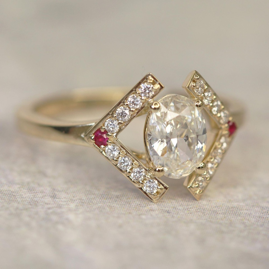 Geometric Engagement Ring, One Of A Kind Diamond Engagement Ring, 14K Yellow Gold Diamond Ring, Oval Diamond Ring, Unique Engagement Ring