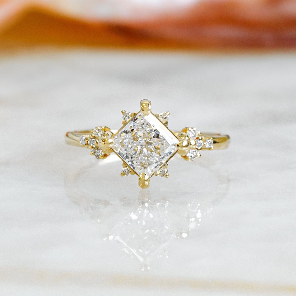 Princess Cut Diamond Cluster ring, 14k Yellow Gold Diamond Ring, Art Deco Diamond Ring, Multi Diamond Engagement Ring,Snowflake Diamond Ring