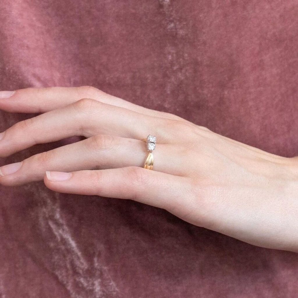 Round Cut Moissanite Three Stone Ring, 925 Sterling Silver Two Tone Wedding Ring, Engagement Ring, Women Diamond Ring, Anniversary Gift