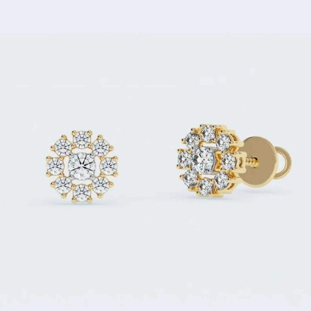 Round Halo Stud Diamond Earrings/ Lab Grown Diamond/ 14K Yellow Gold Stud Earrings/ Screw back Stud Earrings/ Bridal Earrings