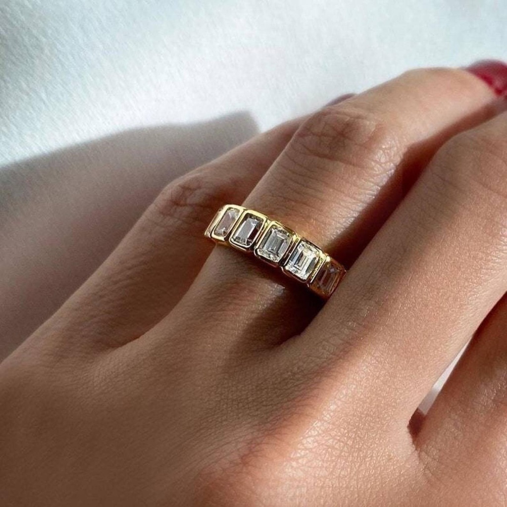  Emerald 7 Stone Band, Emerald Cut Lab Grown Diamond Wedding Band, 14K Yellow Gold Engagement Rings For Women, Anniversary Gifts