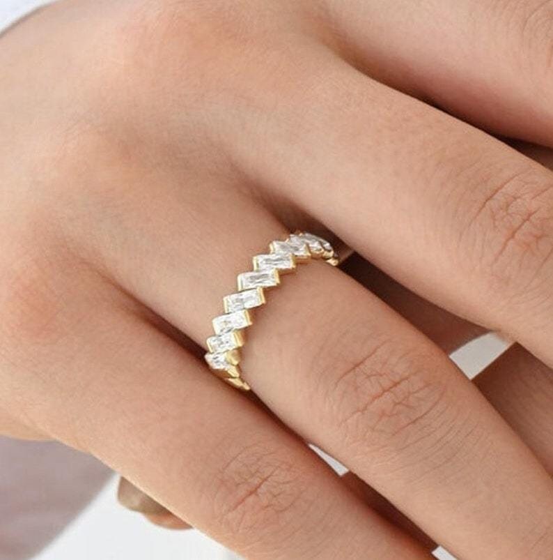 14k Yellow Gold Lab Grown Diamond Ring, Baguette Cut Matching Wedding Band For Women, Anniversary Gift, Fine Jewelry