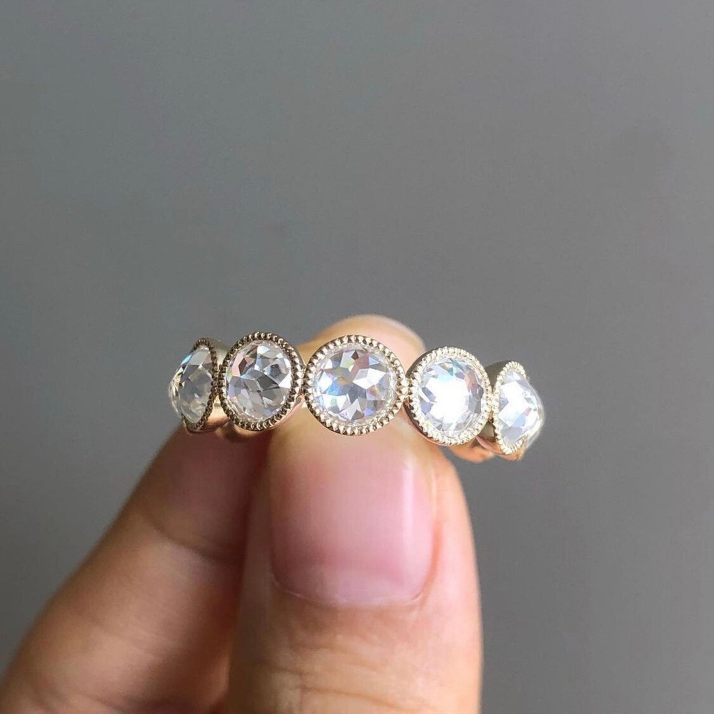 Infinite Eternity Wedding Band, Round Rose Cut Colorless Moissanite Band, Bridal Set Band, Milgrain Bezel Set Band