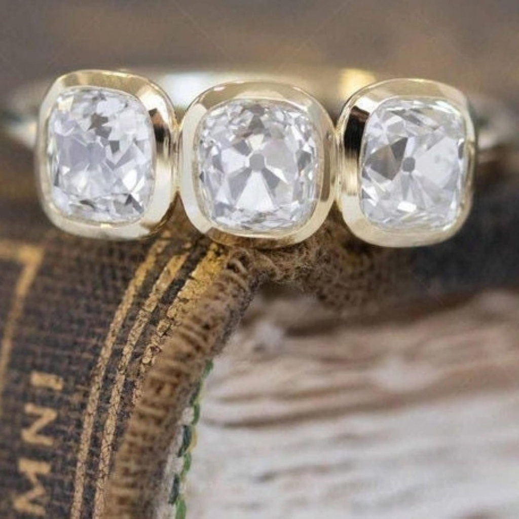 Old Mine Cushion Cut Moissanite Ring Three Stone Wedding Ring, Bezel Setting Ring, 14k Yellow Gold Ring , Ring For Women