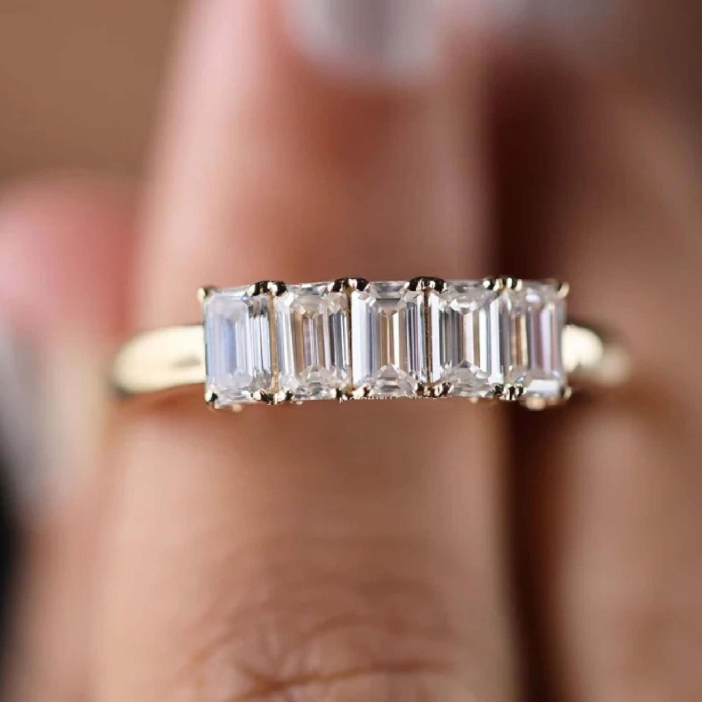  Emerald Cut 5 Stone Moissanite Band / Moissanite Wedding Yellow Gold Band / Eternity Band For 5 Year Anniversary Gift/ Emerald Band