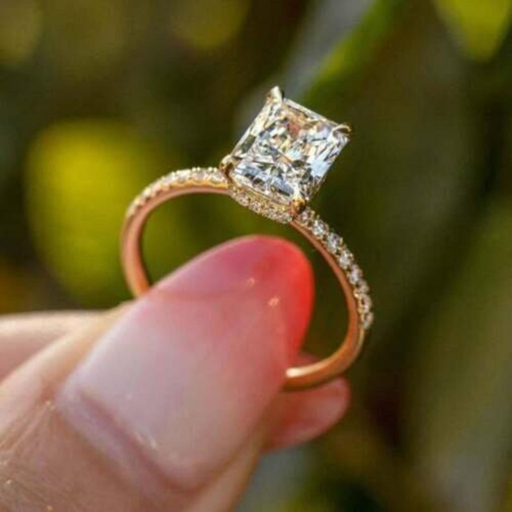  Radiant Cut, Hidden Halo Wedding Ring, Timeless Treasure for Her, Solid 14K Yellow Gold, Anniversary Gift