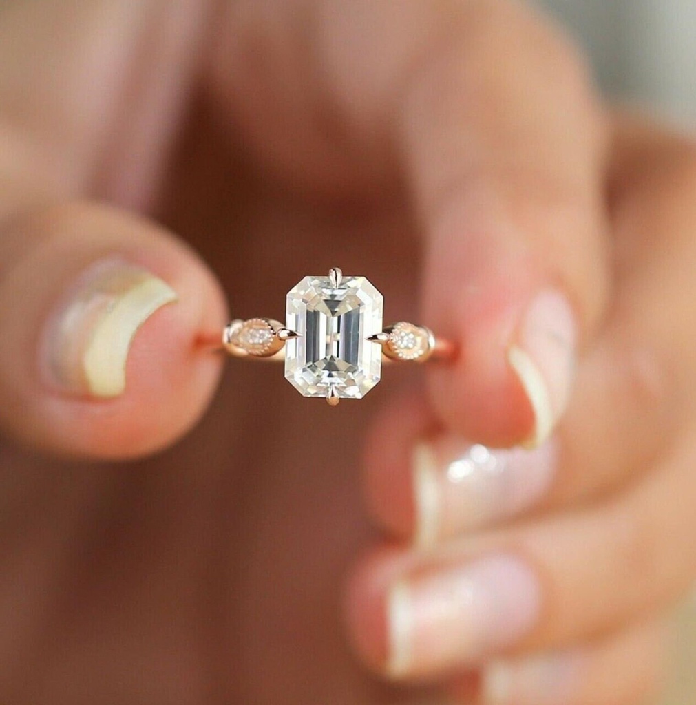  Emerald Cut Lab Diamond Engagement Ring, Lab Grown Diamond Solitaire Wedding Ring, Compass Set Antique Vintage Ring, Anniversary Gift