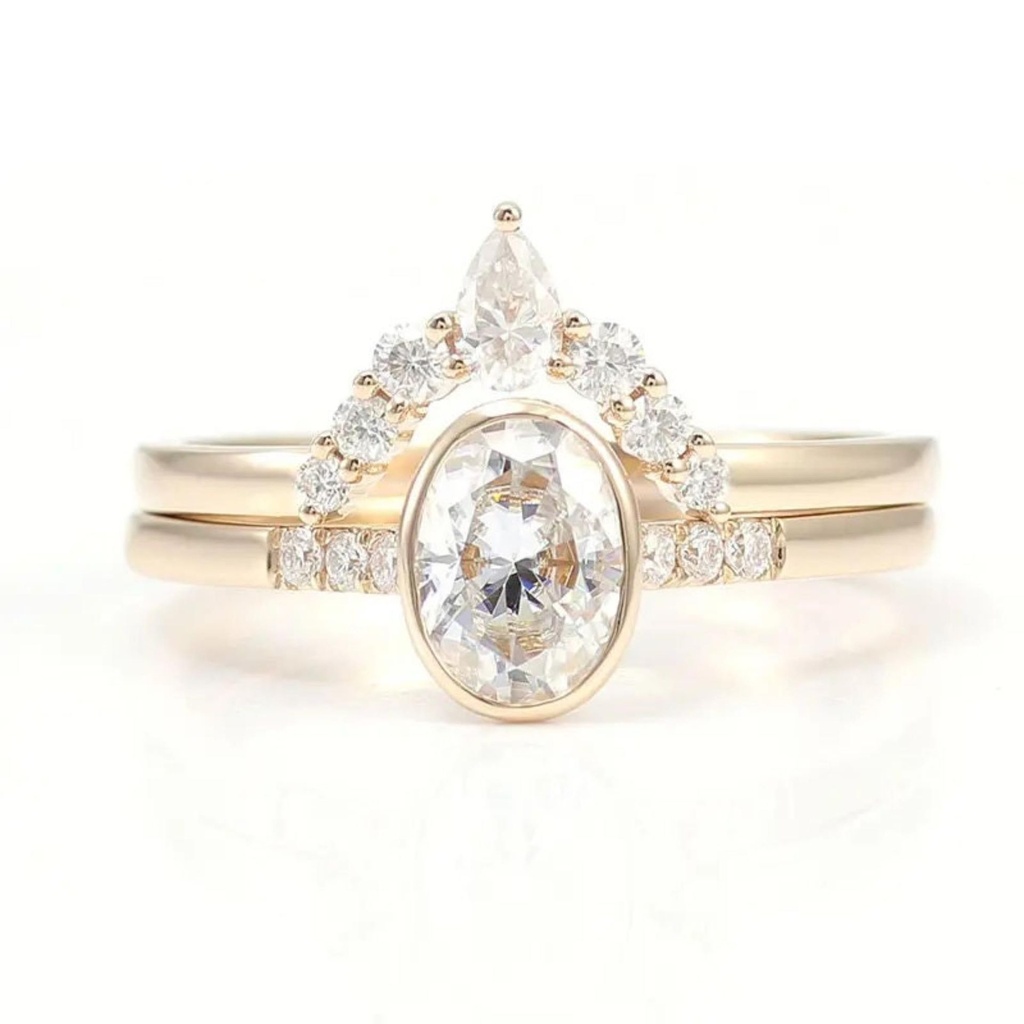 Oval Cut Moissanite Engagement Ring Set, 14K Yellow Gold Bezel Set Oval Solitaire Ring with Matching Curved Wedding Band, Bridal Ring Set