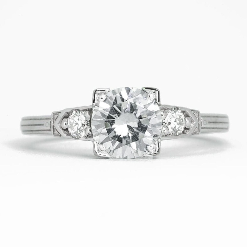 Moissanite and Diamond Art Deco Inspired Engagement Ring