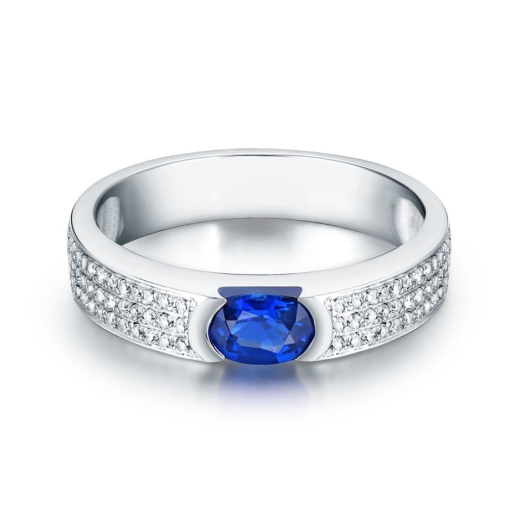 Blue Sapphire and Diamond Men's Ring 14K Solid Gold