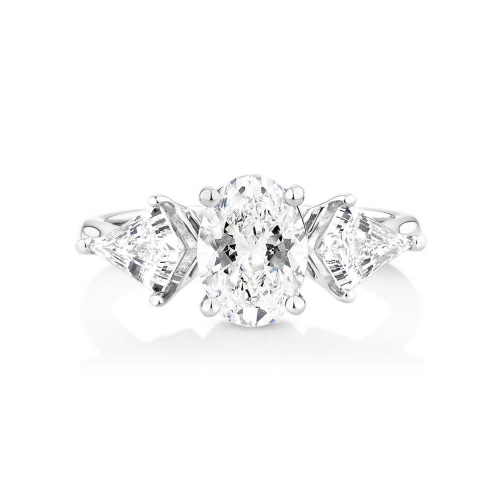  Oval Shape Three Stone Moissanite Ring in White Gold