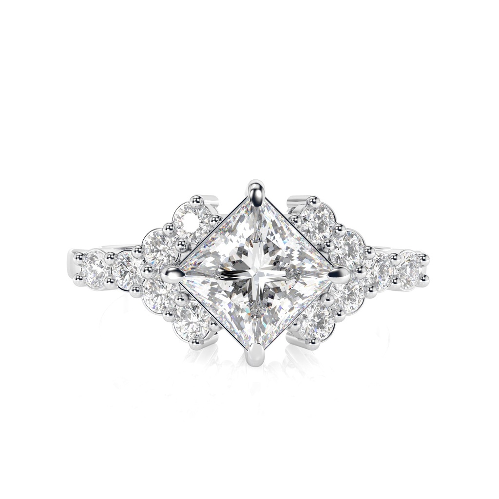  Princess Cut Lab Grown Diamond Engagement Ring / 14K Rose Gold Cluster With Accent Ring / Certified Princess Cut Lab Diamond Ring