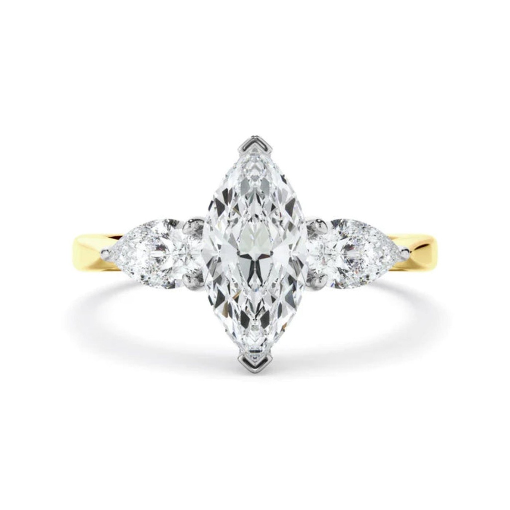 Marquise And Pear Cut Three Stone Lab Diamond Engagement Ring in Yellow Gold