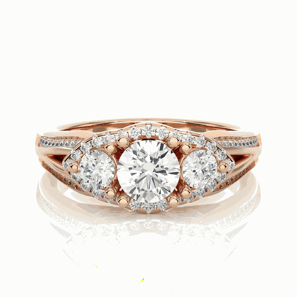 Round Cut Prong Set 3 Stone Halo Diamond Engagement Ring For Women