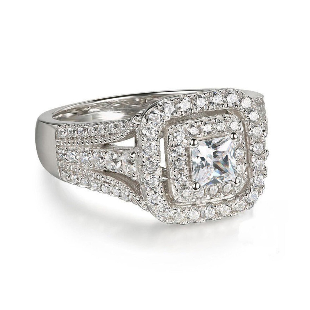 Princess Cut Double Halo | Split shank wedding ring | Princess Cut Moissanite Double Halo Ring | 14K Gold Ring | Engagement Ring