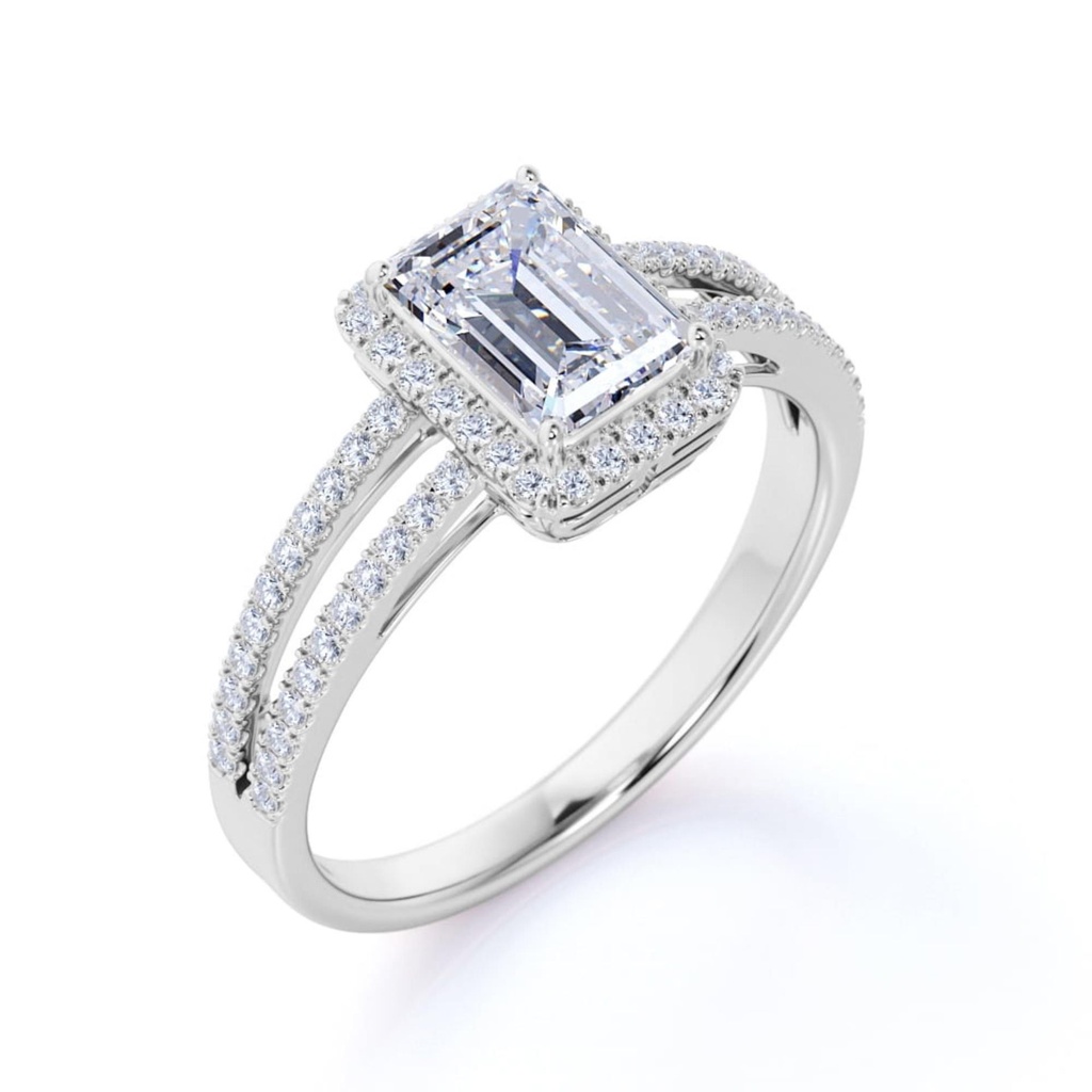  Emerald Cut Moissanite Engagement Ring - Halo - Split Shank - in 18K White Gold over Silver