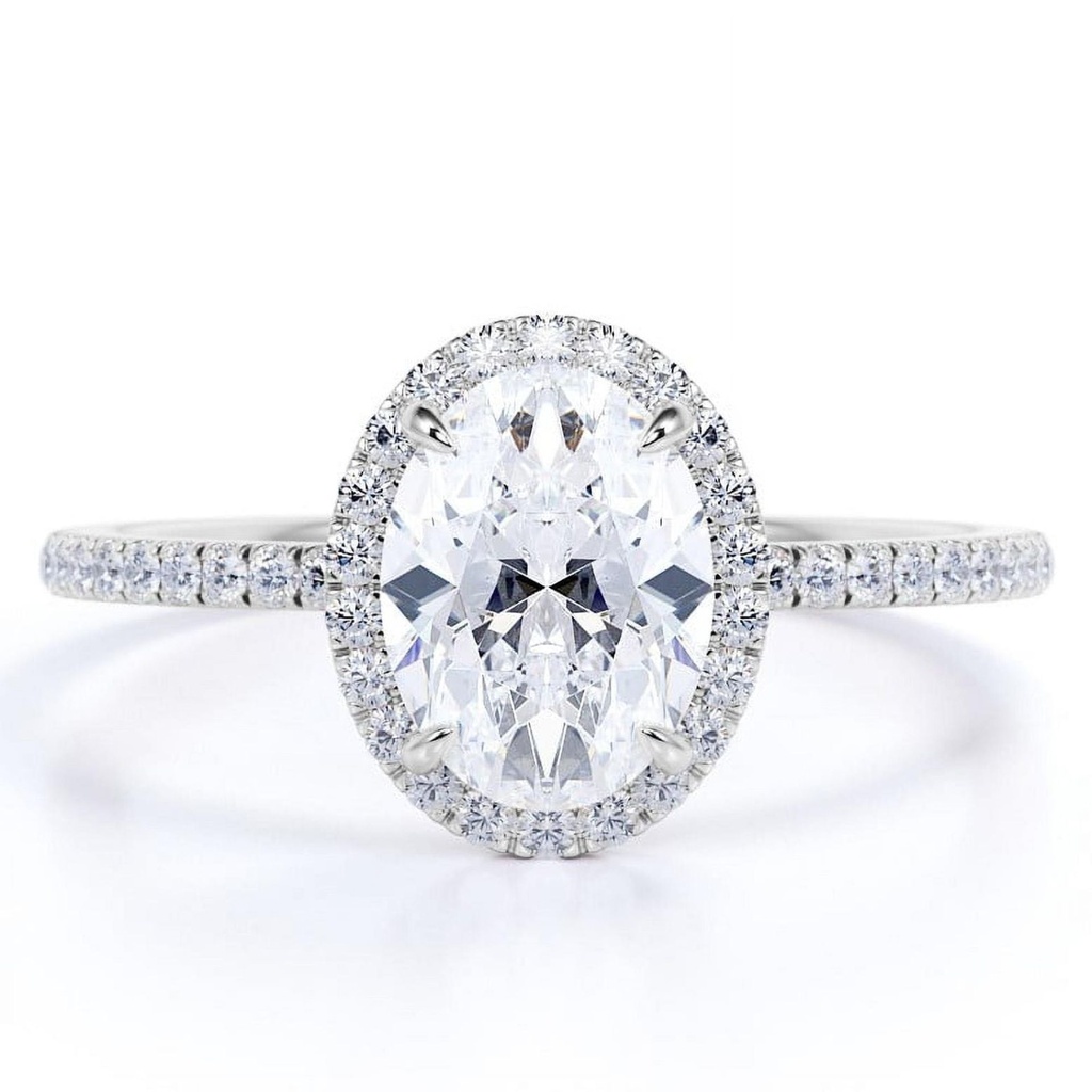 Oval Cut Moissanite Engagement Ring - Bridal Set - Halo Ring - Handmade Ring - 18k White Gold Over Silver