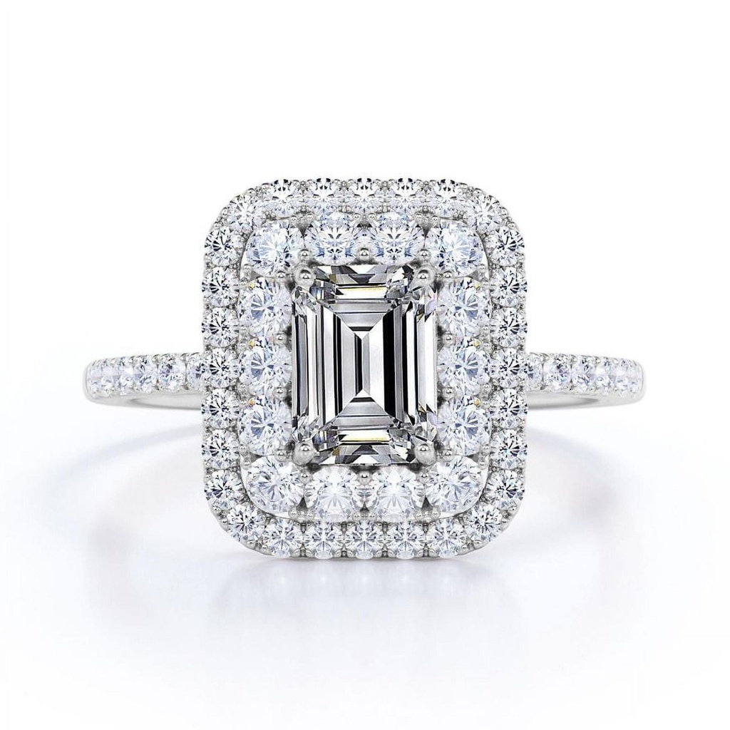  Emerald Cut Moissanite Engagement Ring - Bridal Ring - Double Halo Ring - Cluster Ring - 18k White Gold Over Silver
