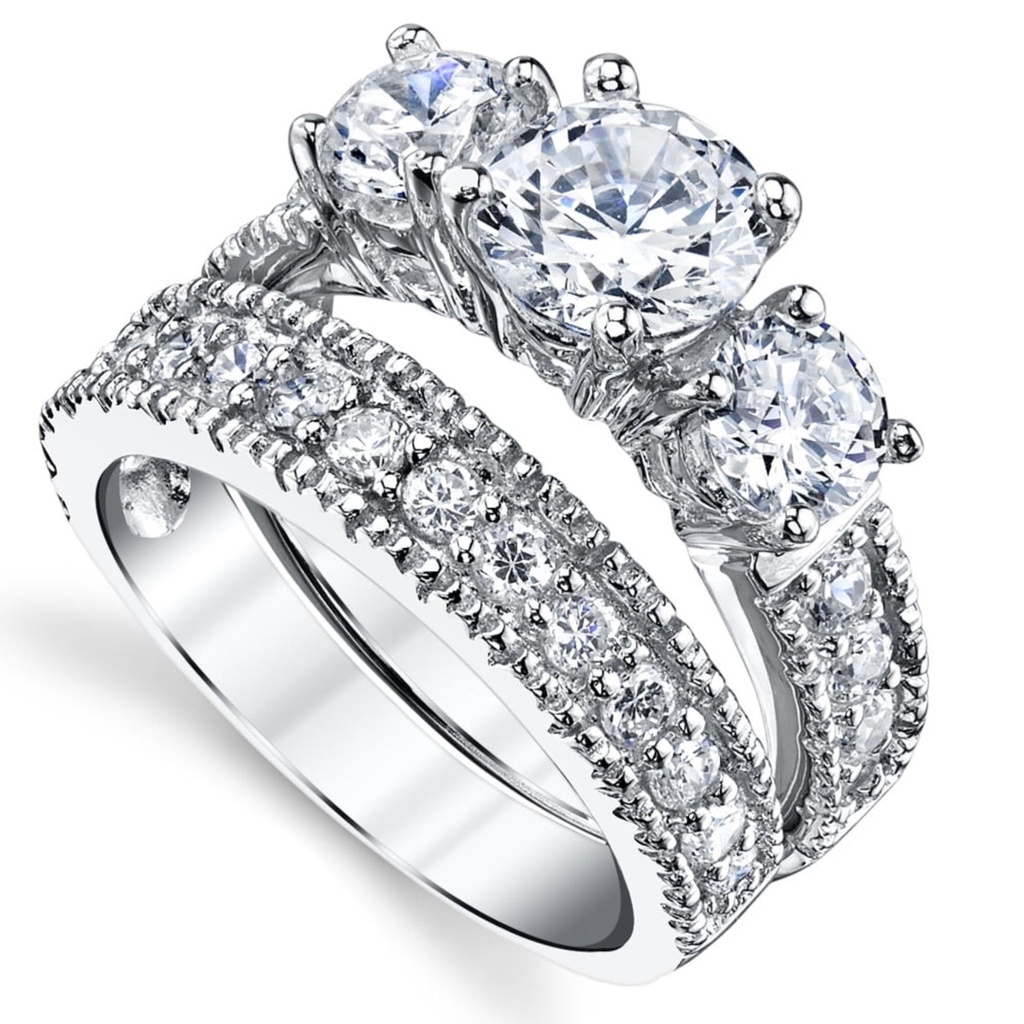 Metal Masters Women's Sterling Silver Past Present Future Bridal Set Engagement Wedding Ring Cubic Zirconia 7