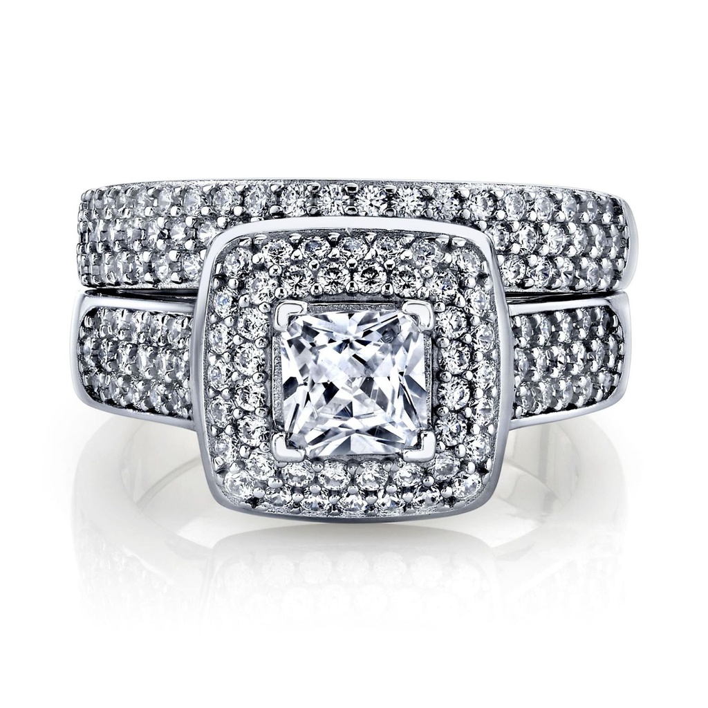 Metal Masters Women's 1 Carat Princess Cut Cubic Zirconia Sterling Silver 925 Wedding Engagement Ring Set 6