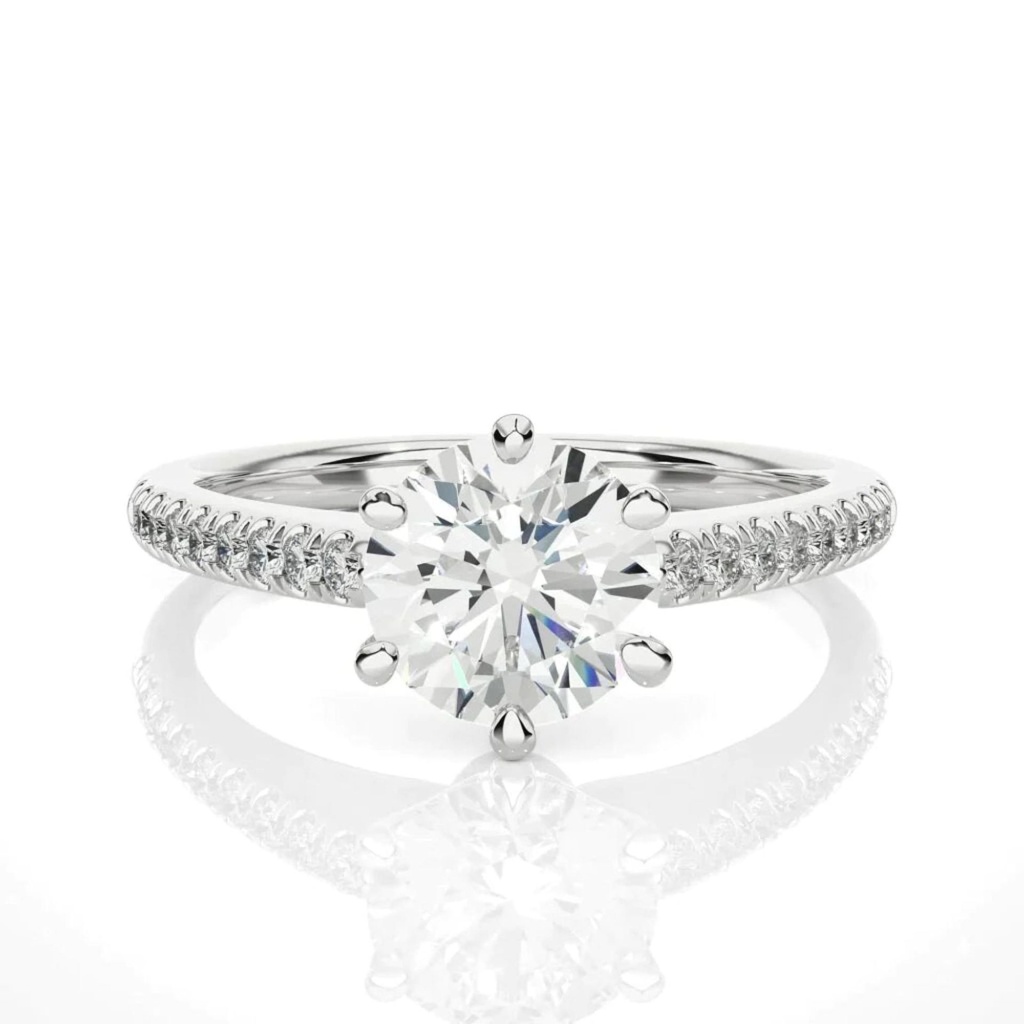 Round Cut 6 Prong Set Solitaire With Accent Lab Diamond Ring In White Gold
