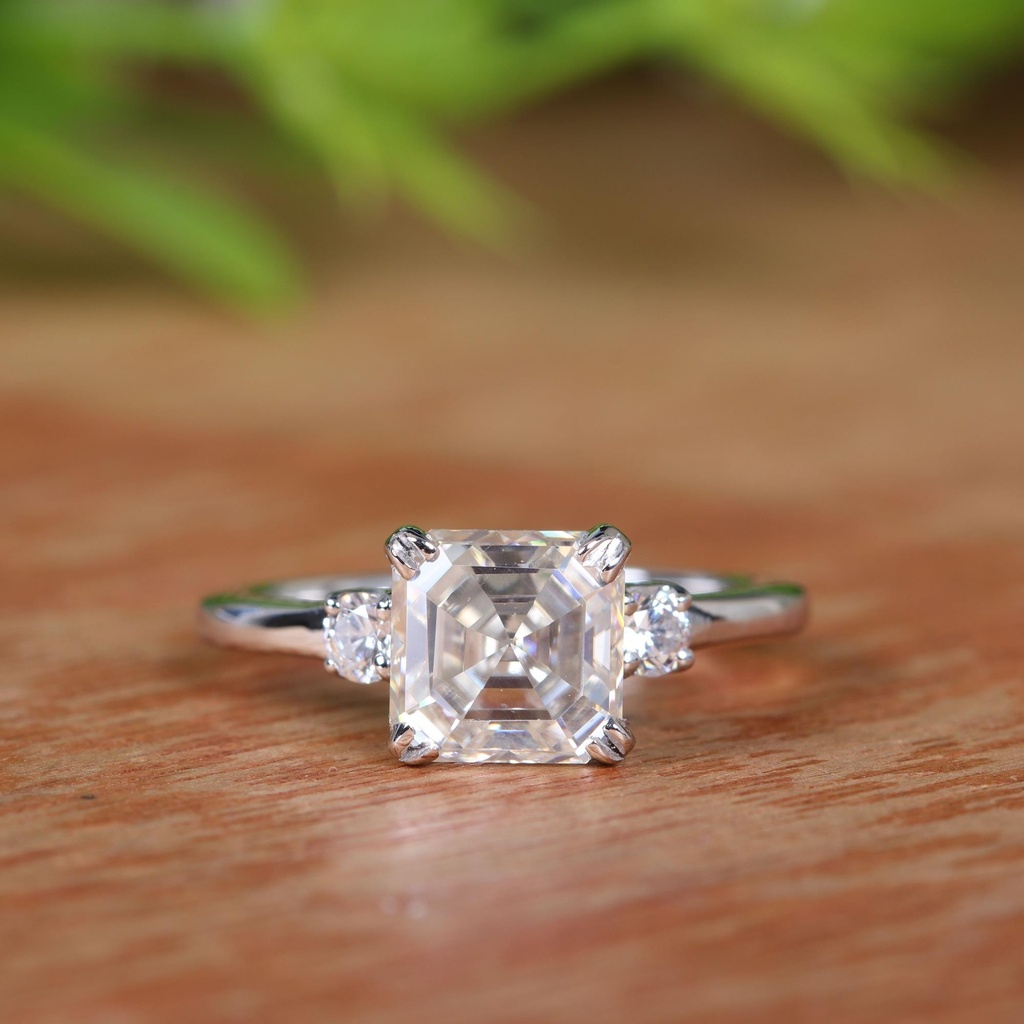 Asscher Diamond Three Stone Engagement Ring for Women