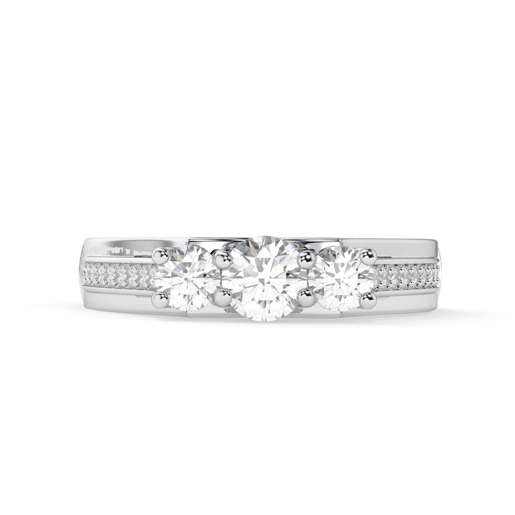 Round Cut Lab Grown Diamond Three Stone  Gold Engagement Ring Gift For Her, Art Deco Past Present Future Hidden Accent Wedding Ring